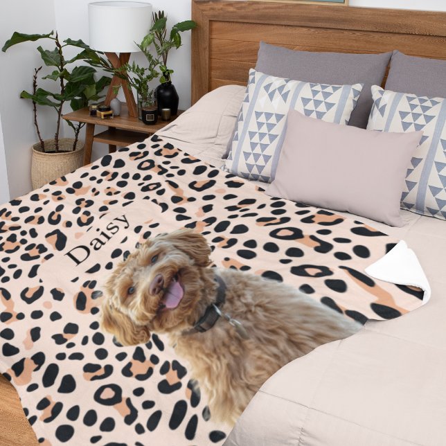 Custom Leopard Print Dog Photo with Name Fleece Blanket (Creator Uploaded)