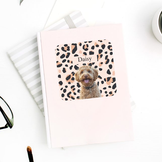 Custom Leopard Print Dog Photo with Name Square Sticker (Creator Uploaded)