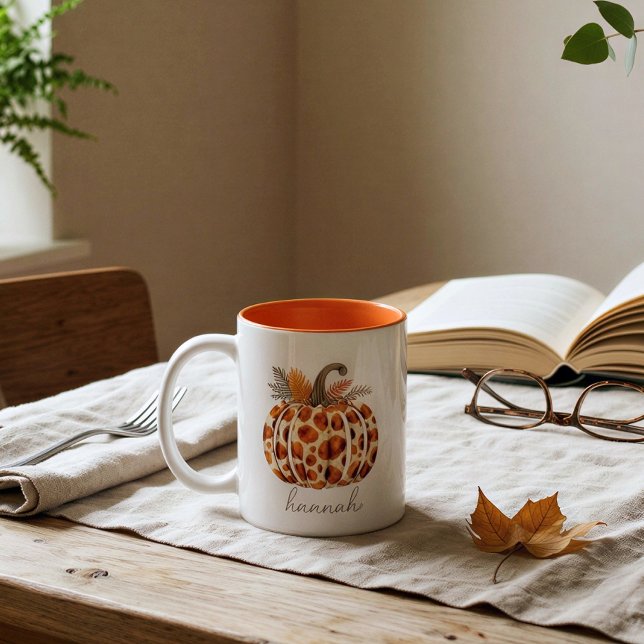 Custom Leopard Print Pumpkin | Fall Harvest Name Two-Tone Coffee Mug (Creator Uploaded)