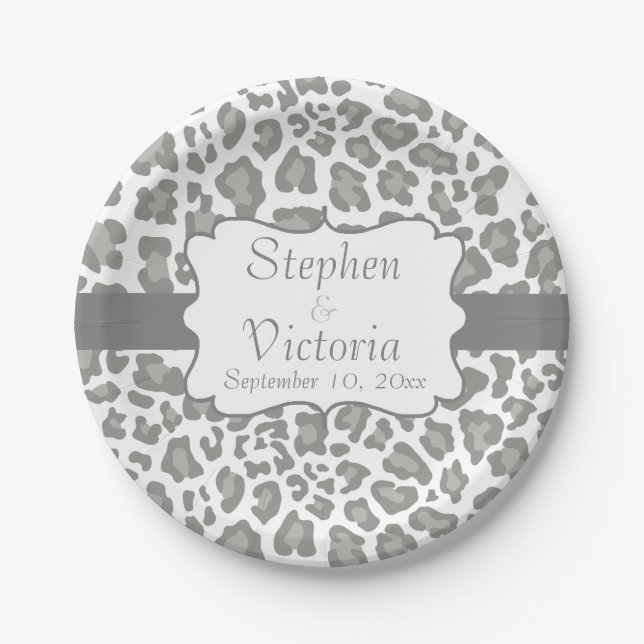 Custom Leopard Print White and Grey Paper Plates (Front)