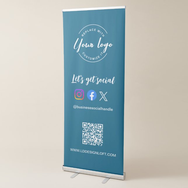 Custom Let's Get Social Media QR code website Blue Retractable Banner (3/4)