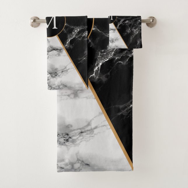 Custom Letter Bath Towel Set Black White Marble (Insitu)
