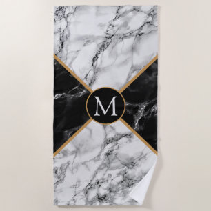 Custom Letter Beach Towel Gift Black White Marble