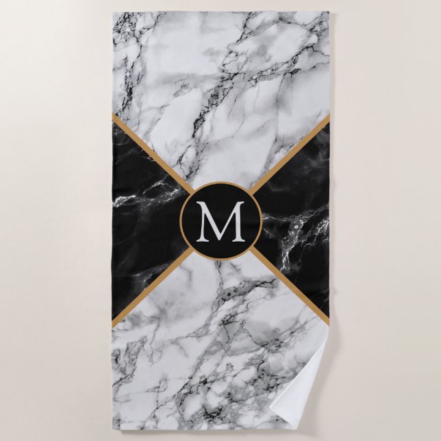 Custom Letter Beach Towel Gift Black White Marble (Front)