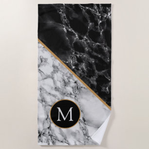 Custom Letter Beach Towel Gift Black White Marble
