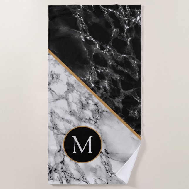 Custom Letter Beach Towel Gift Black White Marble (Front)