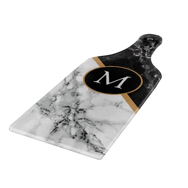 Custom Letter Black White Marble Cutting Board (Corner)