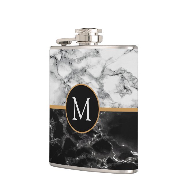 Custom letter Black White Marble Flask Gift (Left)