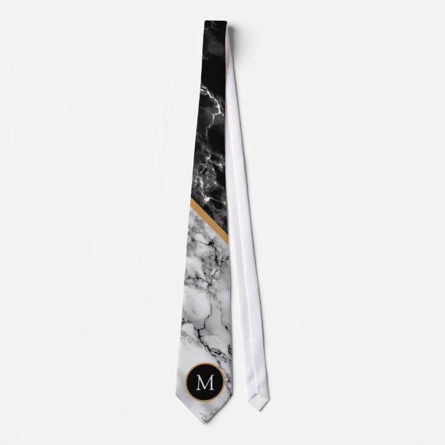 Custom Letter Neck Tie Gift Black White Marble (Front)