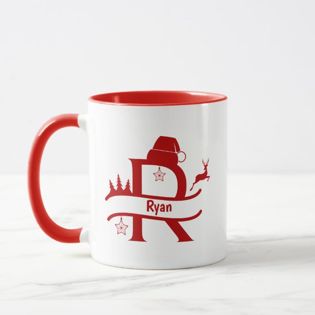 Custom Letter R Name Christmas Monogram Mug (Left)