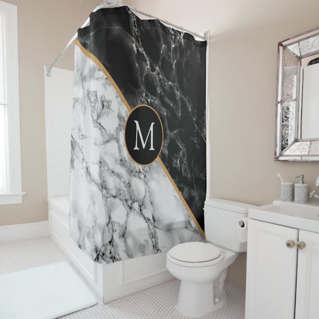 Custom Letter Shower Curtain Black White Marble (In Situ)