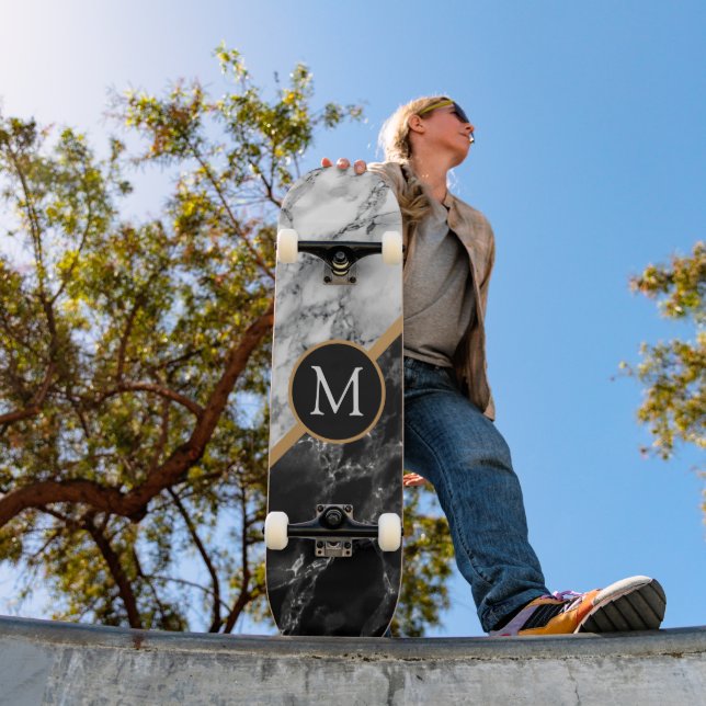 Custom Letter Skateboard Black White Marble (Outdoor 1)