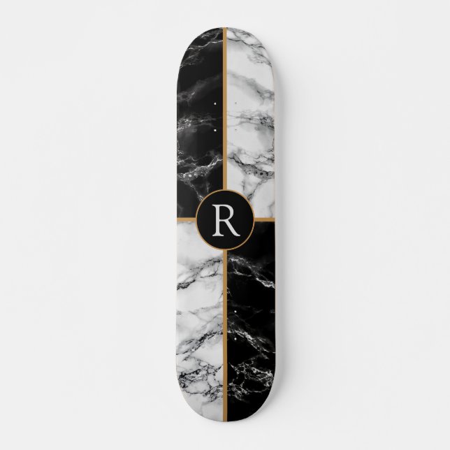 Custom Letter Skateboard Gift Black White Marble (Front)