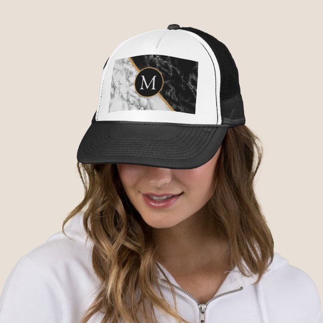 Custom Letter Trucker Hat Black White Marble (In Situ)
