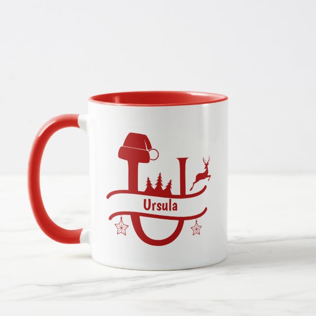 Custom Letter U Name Christmas Monogram Mug (Left)