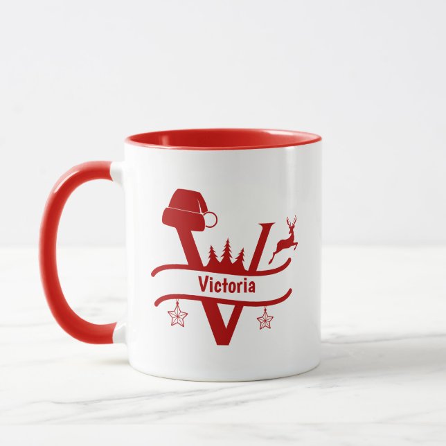 Custom Letter V Name Christmas Monogram Mug (Left)