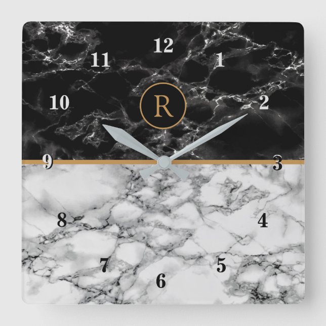 Custom Letter Wall Clock Black White Marble (Front)