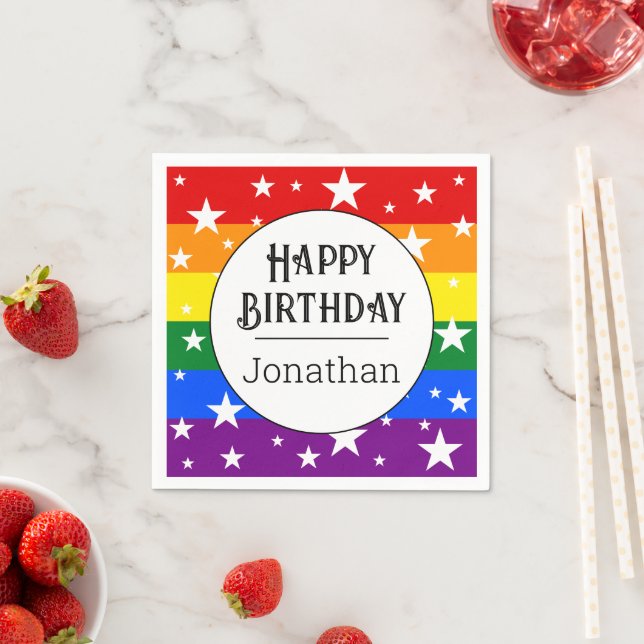 Custom LGBTQ Rainbow Birthday Party Name Napkin (Insitu)