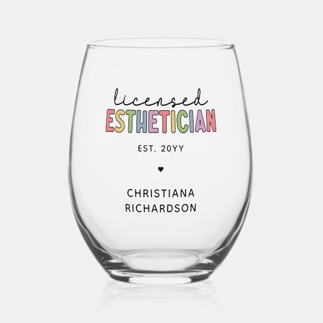Custom Licensed Aesthetician Cosmetologist Stemless Wine Glass (Front)
