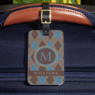 Custom Light Blue Dark Brown Grey Argyle Pattern Luggage Tag