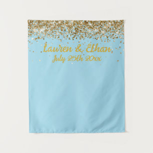 Custom Light Blue Gold Glitter Wedding Photo Booth Tapestry