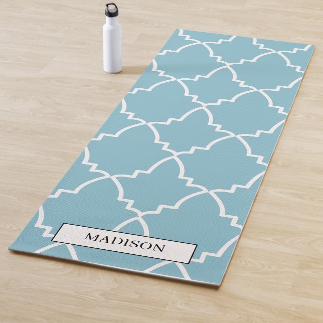 Custom Light Blue Moroccan Lattice Pattern Yoga Mat (In Situ)