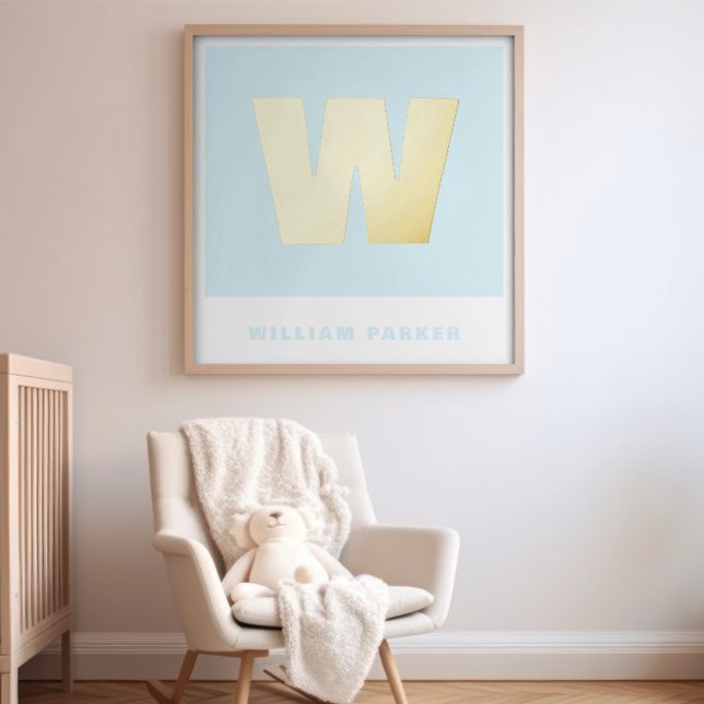 Custom Light Blue Name & Monogram Retro Nursery Foil Prints (Creator Uploaded)
