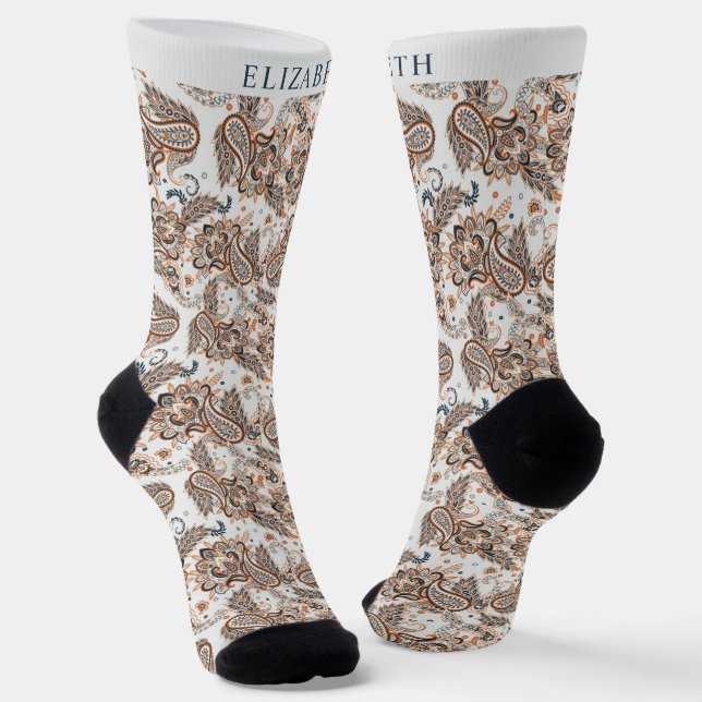 Custom Light Cream Beige Colour Paisley Pattern Socks (Angled)
