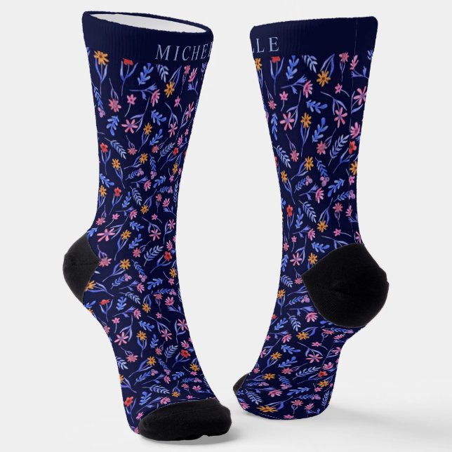 Custom Light Dark Blue Floral Pink Flowers Pattern Socks (Angled)