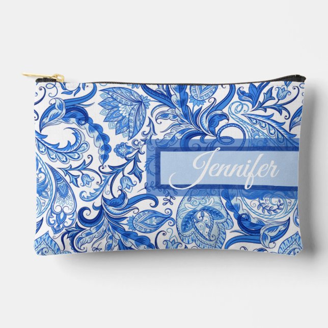Custom Light Dark Blue White Floral Paisley Art Accessory Pouch (Front)