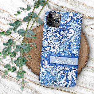 Custom Light Dark Blue White Floral Paisley Art iPhone 16 Pro Max Case