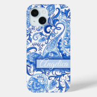 Custom Light Dark Blue White Paisley Art Pattern