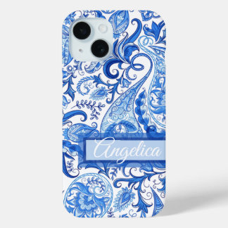 Custom Light Dark Blue White Paisley Art Pattern iPhone 15 Case