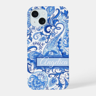 Custom Light Dark Blue White Paisley Art Pattern iPhone 15 Case