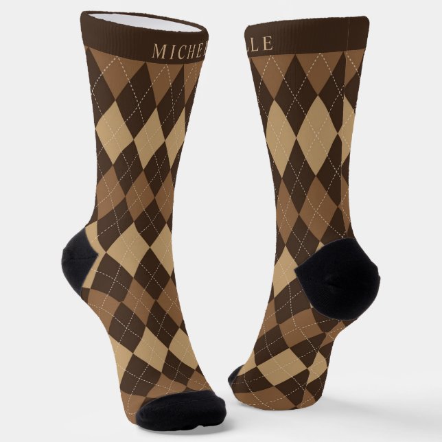 Custom Light Dark Chocolate Brown Argyle Pattern Socks (Angled)