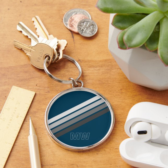 Custom Light Dark Grey Stripes On Dark Blue Key Ring (Desk)