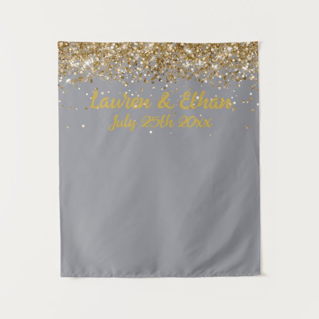 Custom Light Grey Grey & Gold Wedding Photo Booth Tapestry (Front)