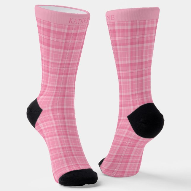 Custom Light Pink Dark Rose Checkered Pattern Socks (Angled)
