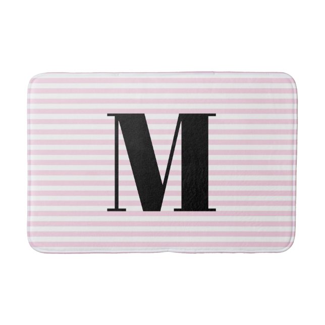 Custom light pink white stripes monogram initial  bath mat (Front)