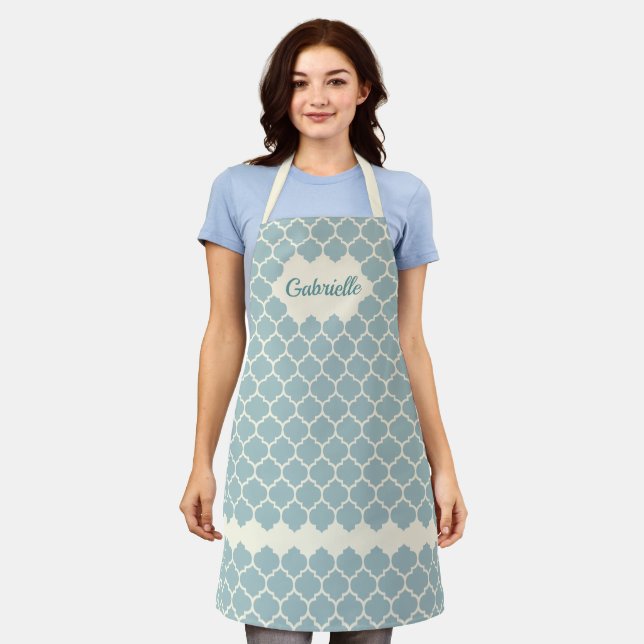 Custom Light Seafoam Blue Ivory Trellis Pattern Apron (Worn)
