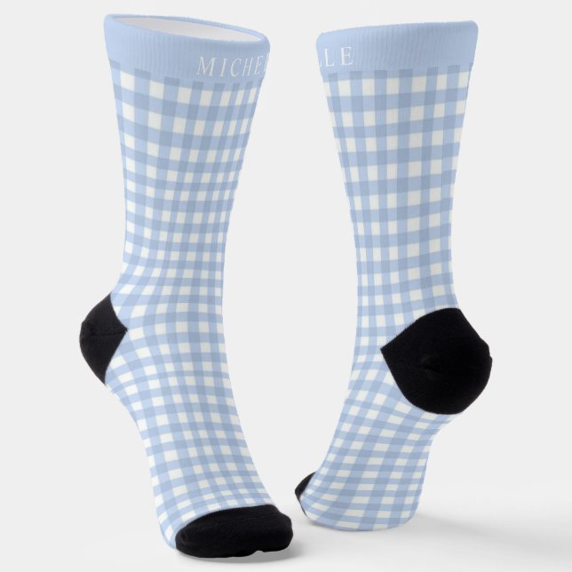 Custom Light Soft Blue White Chequered Pattern Socks (Angled)