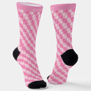 Custom Light Soft Pastel Pink White Checkered Socks