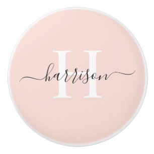 Custom Light Soft Pastel Solid Pink White Monogram Ceramic Knob