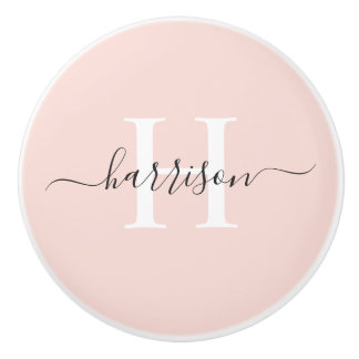 Custom Light Soft Pastel Solid Pink White Monogram Ceramic Knob