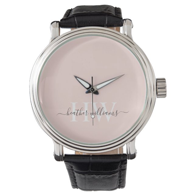 Custom Light Soft Pastel Solid Pink White Monogram Watch (Front)