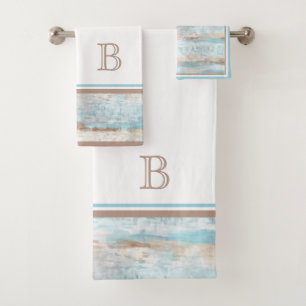 Custom Light Teal Aqua Blue Taupe White Stripes Bath Towel Set