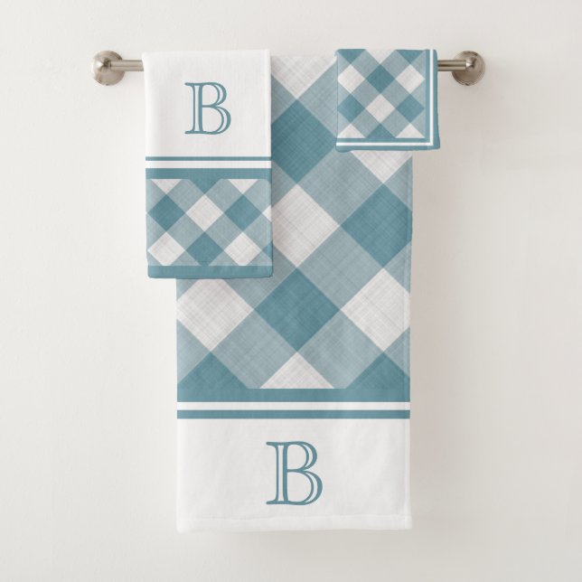Custom Light Teal Blue White Shabby Chic Gingham Bath Towel Set (Insitu)