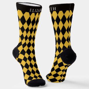 Custom Light Yellow Black Argyle Pattern Socks