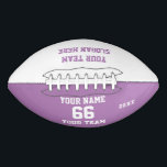 Custom liliac Football with Name, Number, Team American Football<br><div class="desc">Create your own custom liliac purple Football with Name, Number, Team Name, Slogan and Year. Personalise this simple classic football template with your custom message, name, team name and year. Easily personalise it for a cool sport keepsake. Create your unique personalised gift for coach, girl's birthday, football player, teammates and...</div>