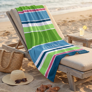Custom Lime Green Dark Blue Hot Pink White Stripes Beach Towel